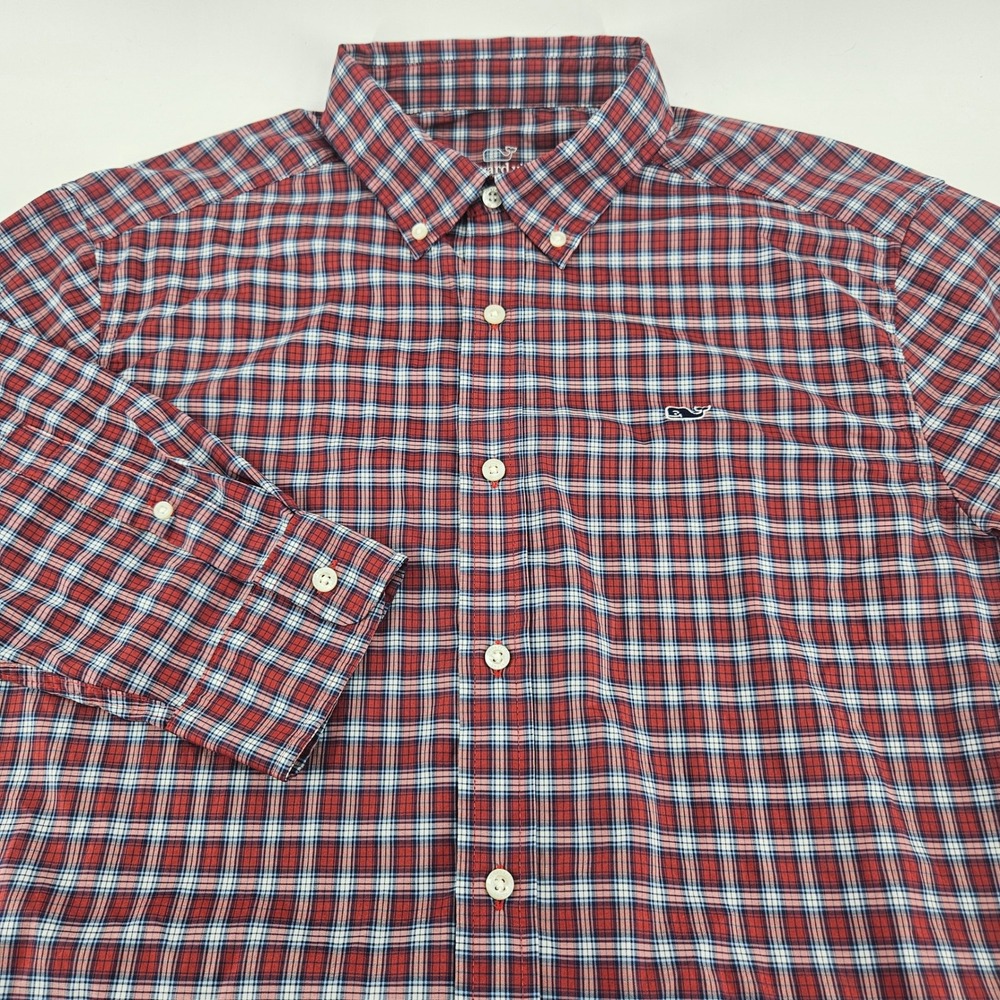 Vineyard Vines Performance Shirt Mens Large Red‎ Blue Plaid Classic Fit Whale L